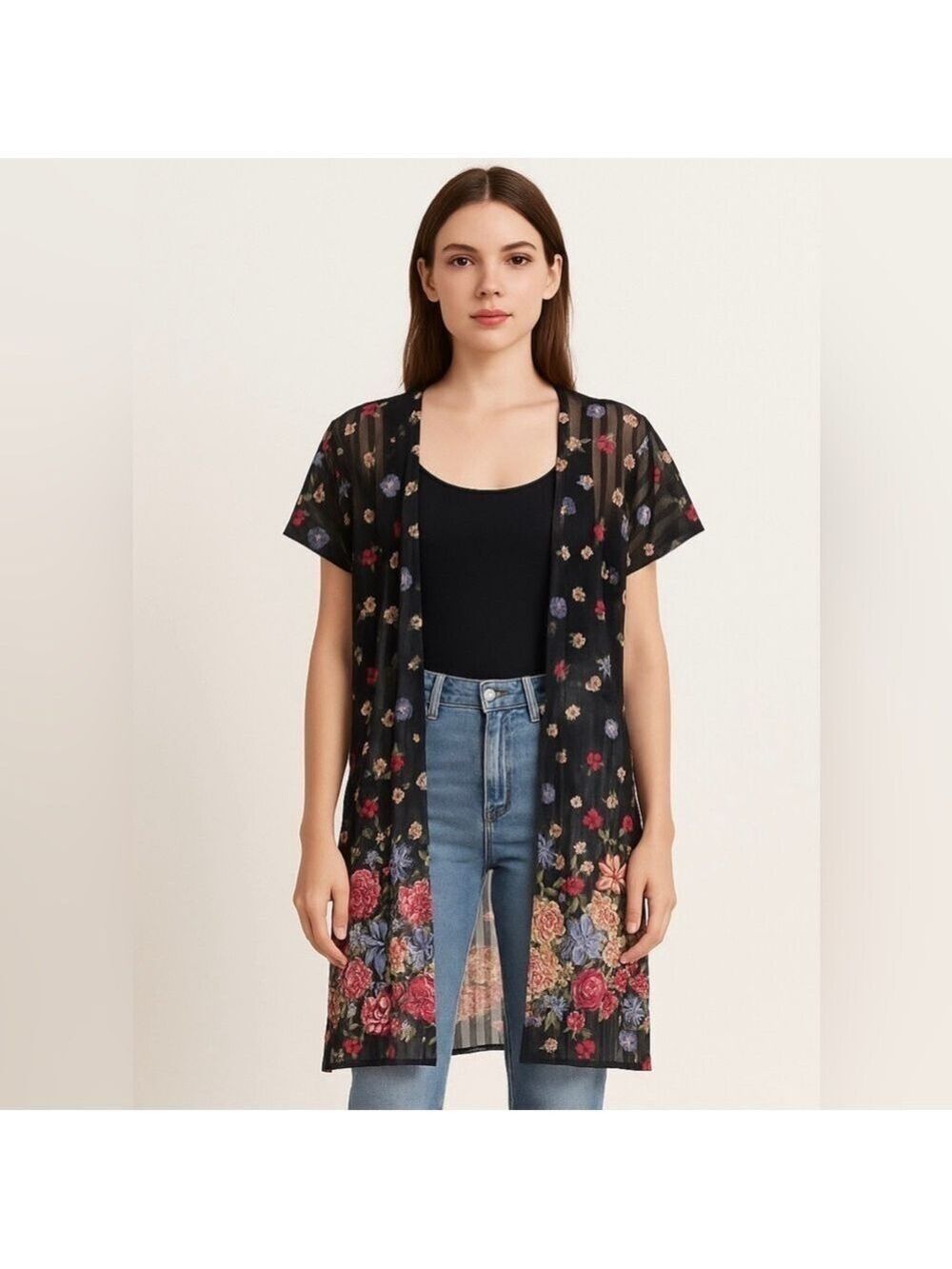 Vintage 90s Sears Place de la Mode Sheer Floral Kimono Cardigan Boho Goth Size 9